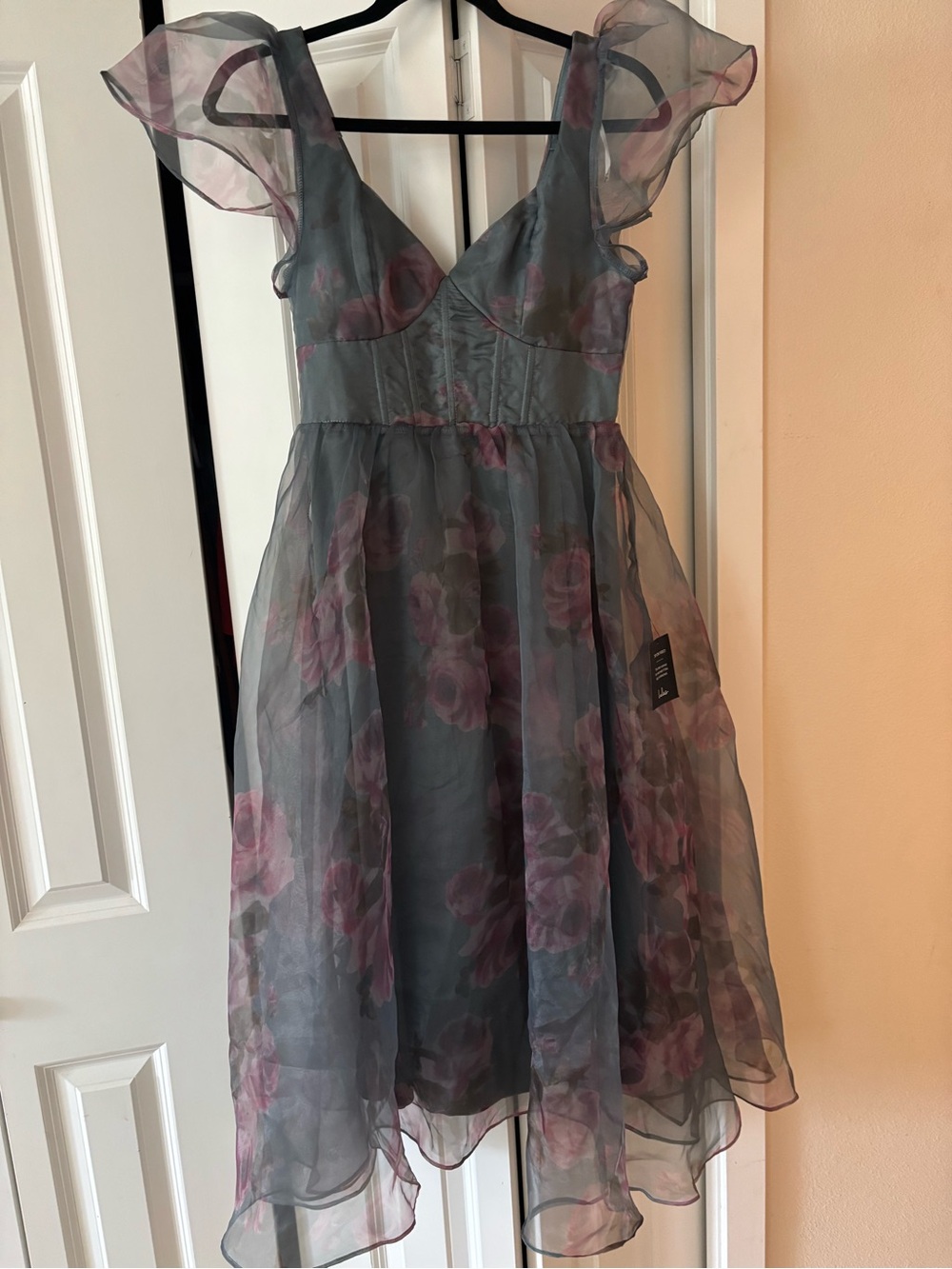 Women's Floral Organza Cocktail Dress - Grey with Pink Flowers